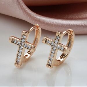 ROSE gold micro pave cross hoop earrings